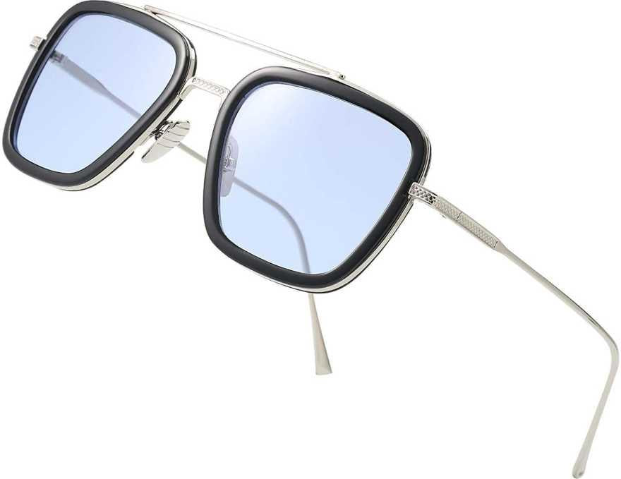 Unisex Blue Silver Retro Square Sunglass